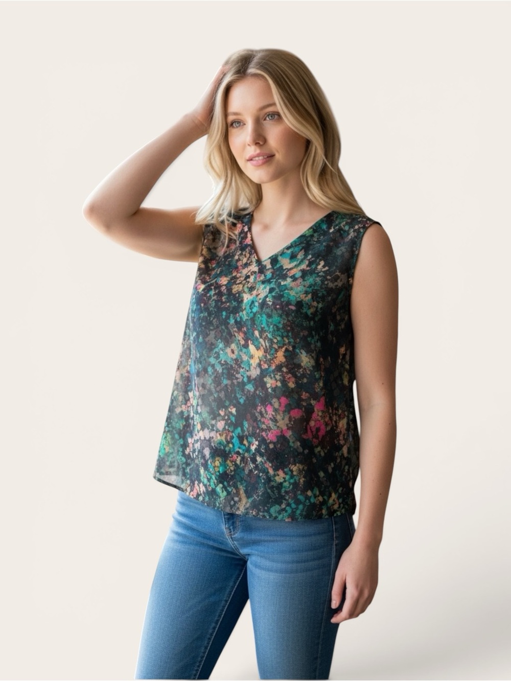 MEXX Abstract Floral Sleeveless V-Neck Blouse Business Casual Layering 8